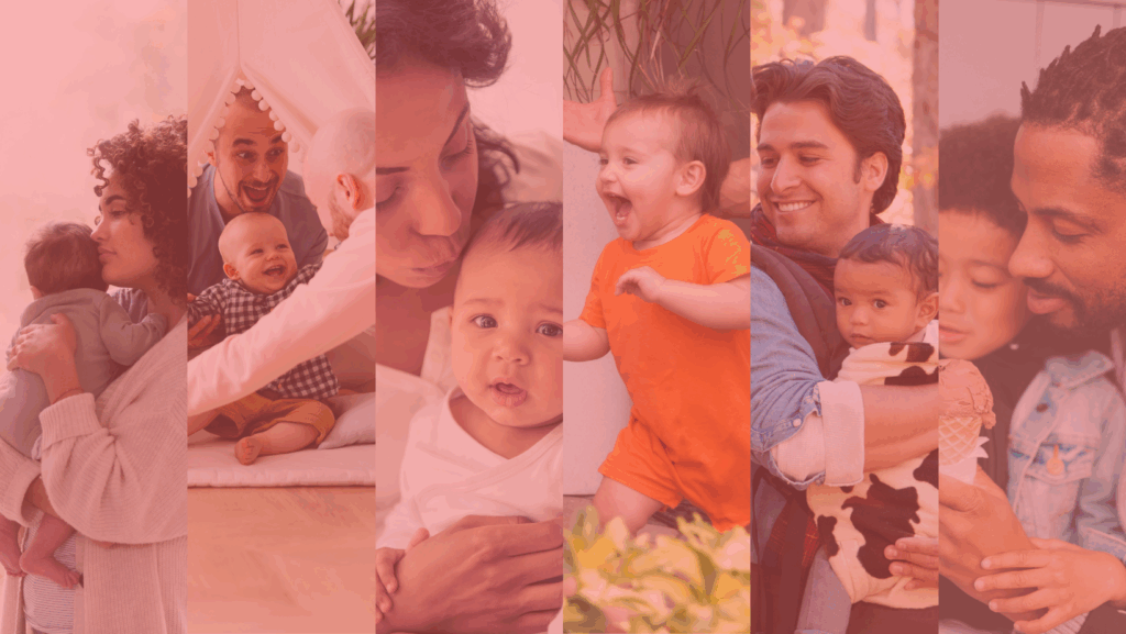 Collage of diverse parents and surrogates holding babies, representing inclusive surrogacy journeys supported by The American Stork.