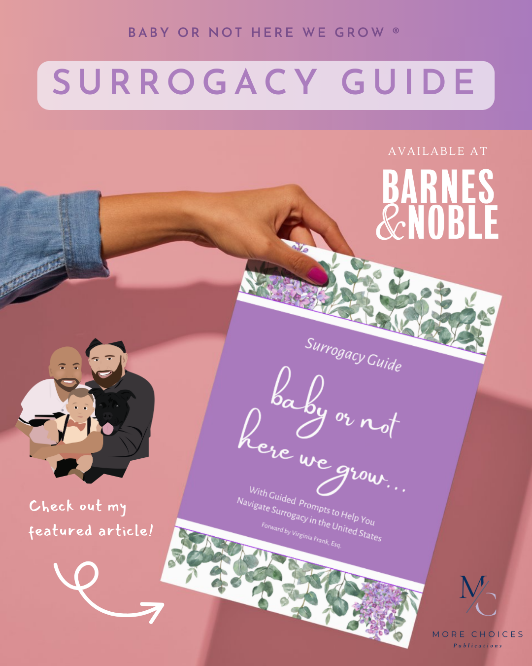 Surrogacy Guide book cover with illustrated gay dads and baby, highlighting featured article by Marlon Menendez, available at Barnes & Noble