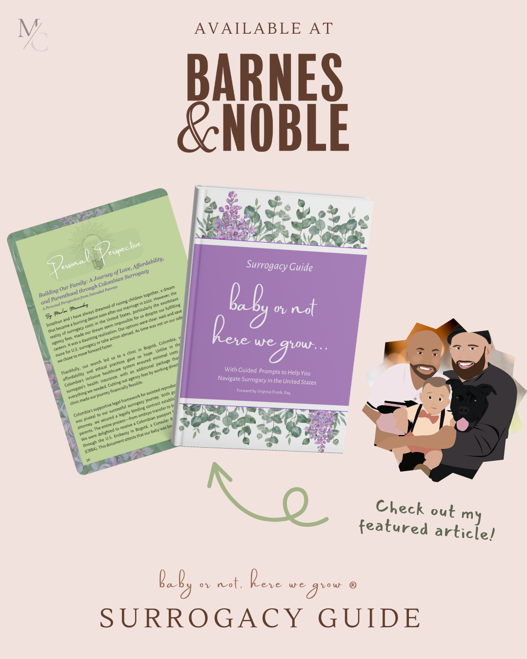Surrogacy Guide book with personal perspective essay by Marlon Menendez, featuring illustrated gay dads, available at Barnes & Noble