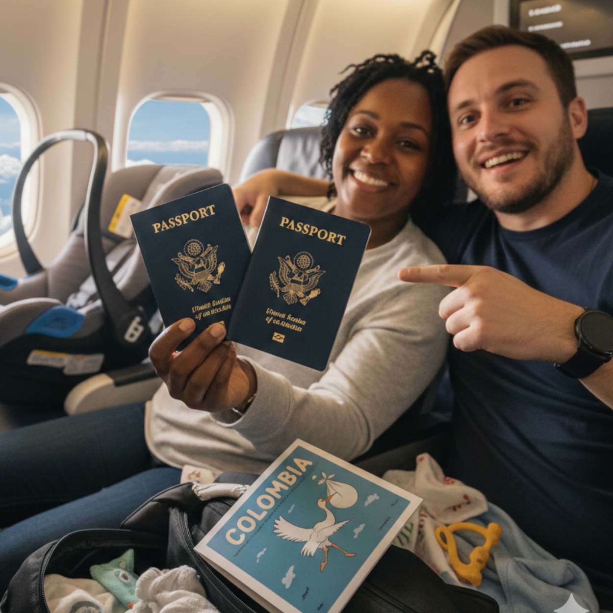 Two dads in Bogotá smiling with their newborn and U.S. passport after successful surrogacy journey