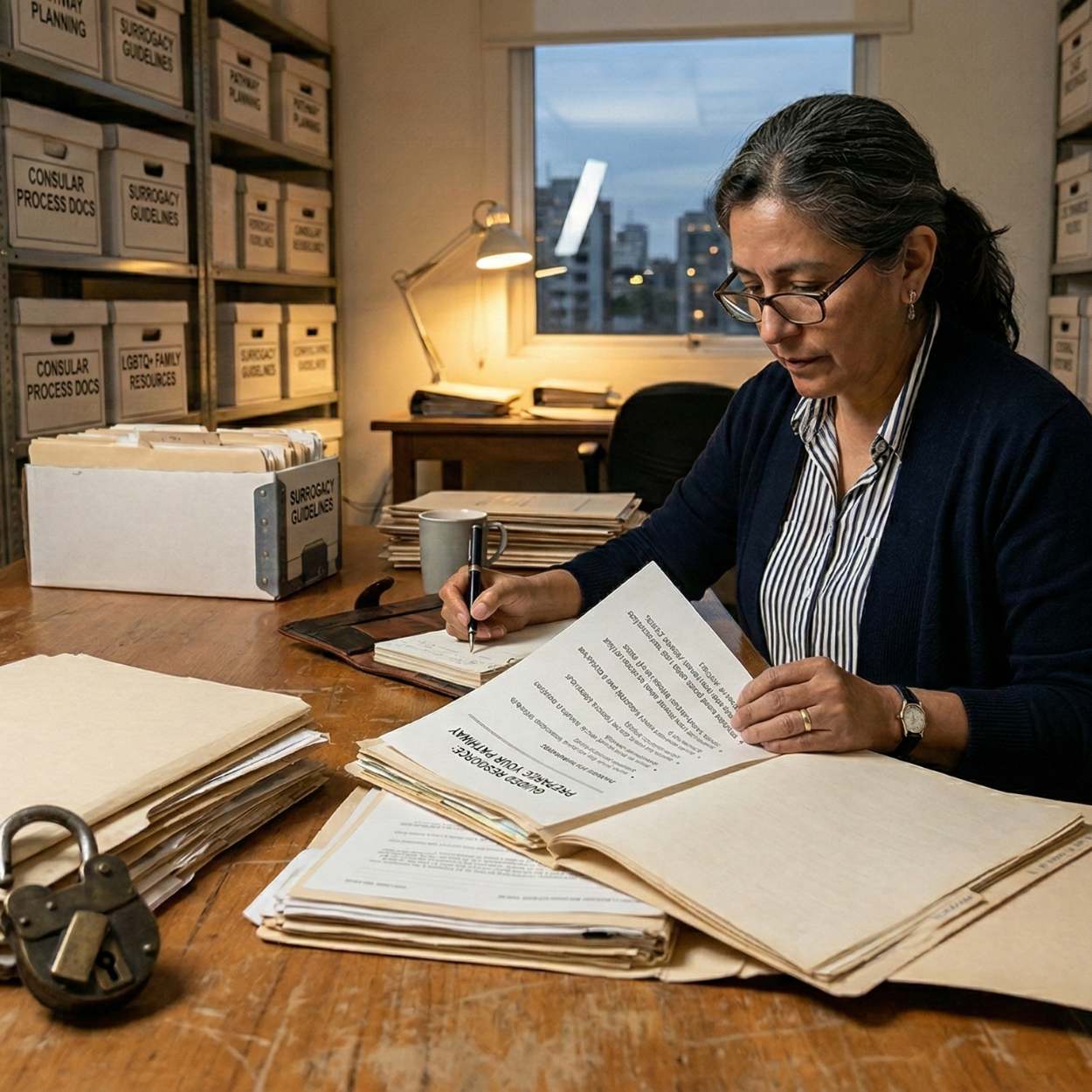 Woman sits at desk with a lamp and a stack of Epstein folders.